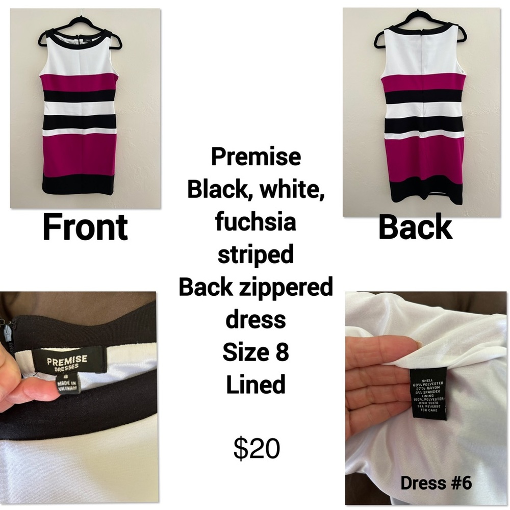 Premise, sleeveless, back zipper, size 8, lined, black, white and fuchsia